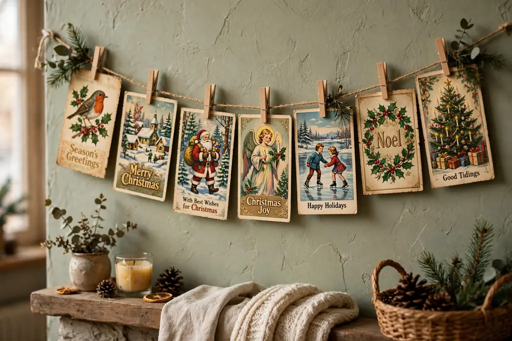Vintage Christmas cards clipped to a string hung along a living room wall.