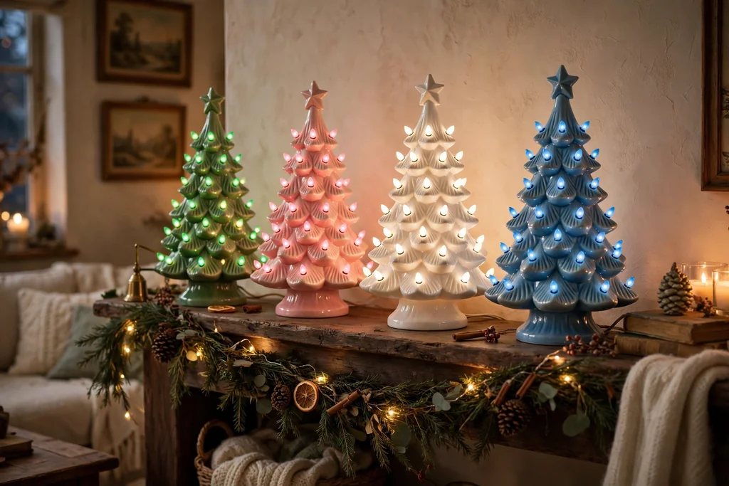 Retro ceramic Christmas trees in green, pink, white, and blue lined along a mantel.