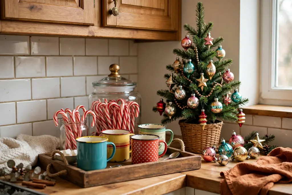 Hot cocoa corner with vintage style mugs in mixed bright colors on a tray, a jar of candy canes, and small retro ornaments.