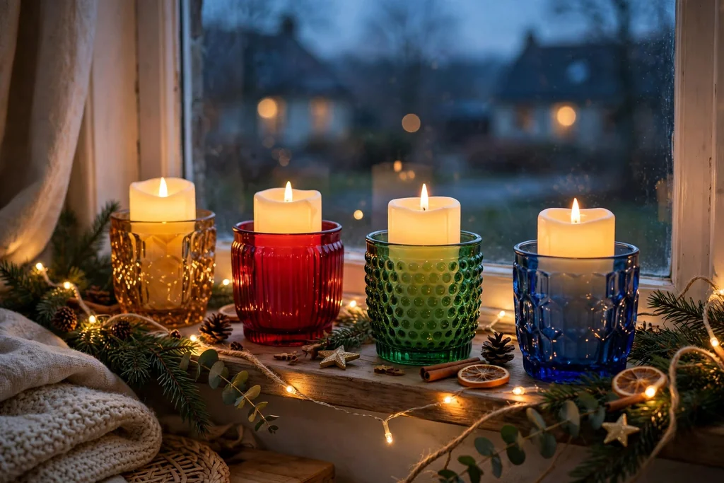 Colored glass candle holders in amber, red, green, and blue with string lights along a windowsill at dusk.