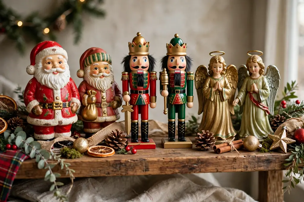 Retro Santa figures, nutcrackers, and angel figurines in red, gold, and green grouped on a shelf.