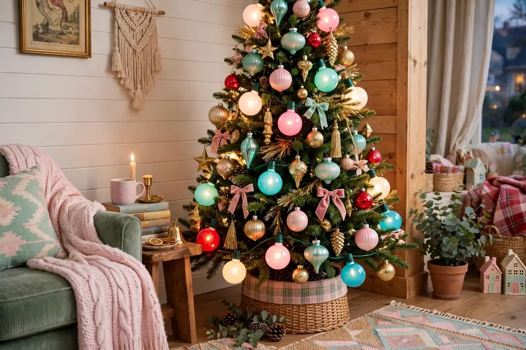 Retro Christmas tree with pastel pink, mint, aqua, red, and gold ornaments and large colorful lights.