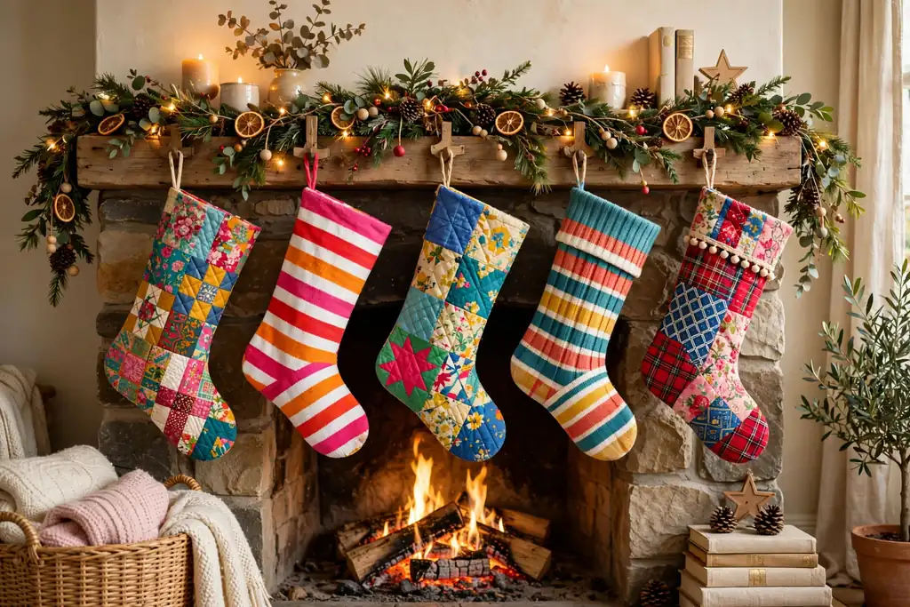 Bright patchwork and colorful striped Christmas stockings hung from a decorated mantel.