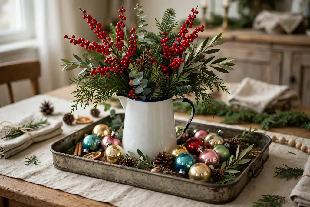 Christmas table centerpiece on a vintage tin tray with an enamel pitcher of red berry stems, greenery, and colorful ornaments.