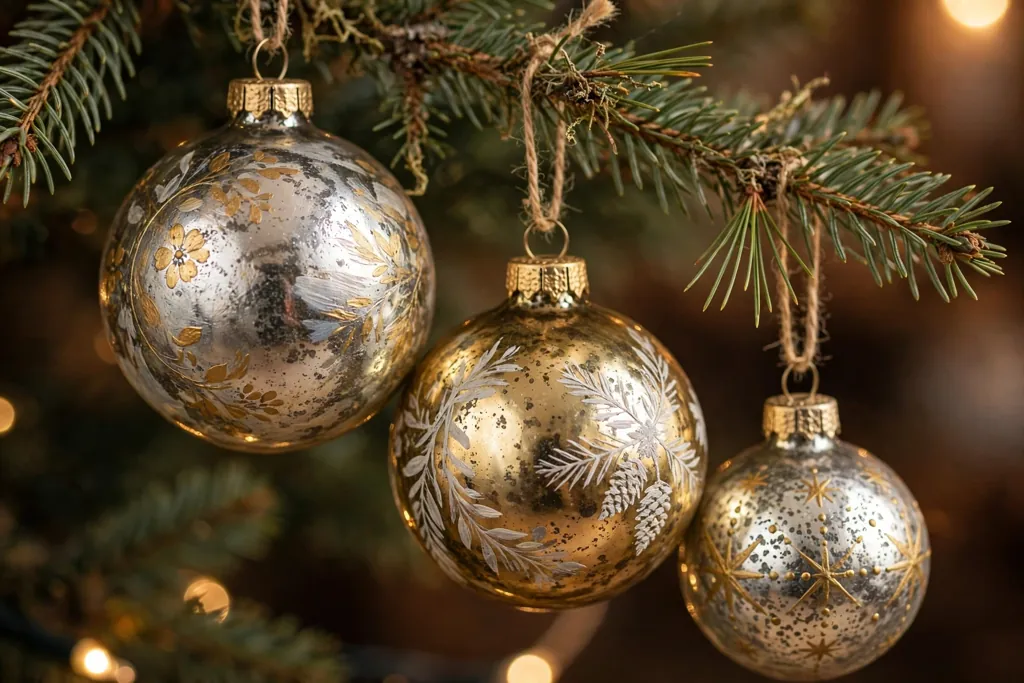 Hand painted mercury glass baubles in silver and gold hanging on a Christmas tree branch.