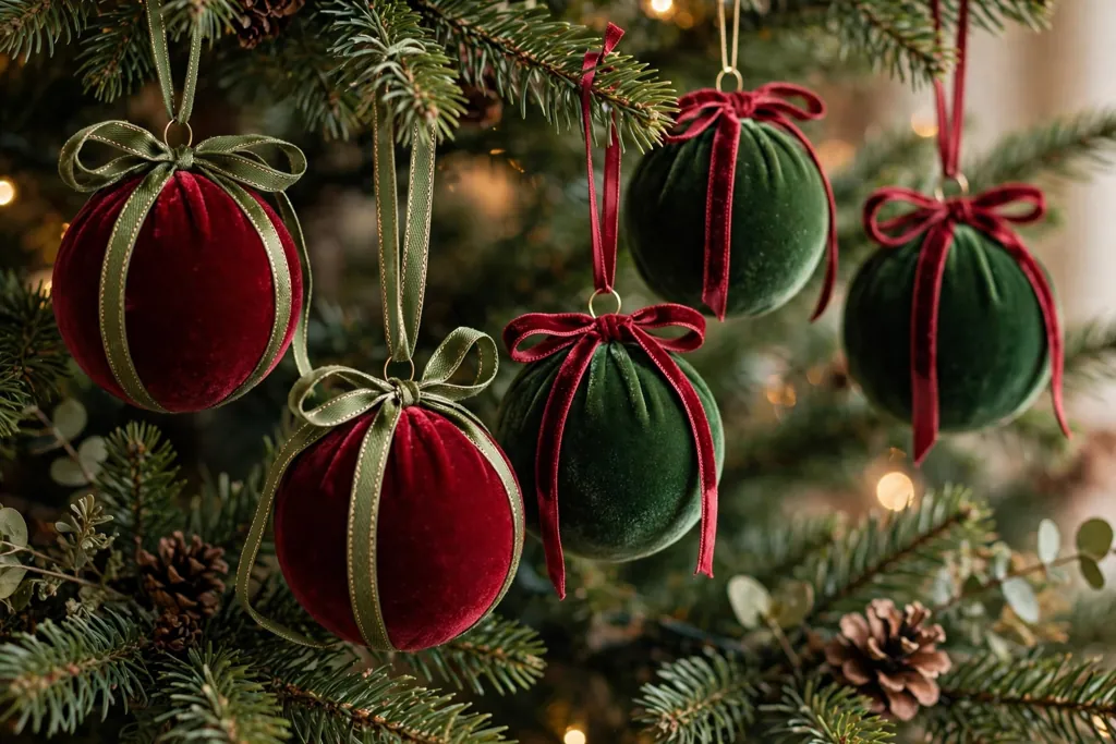 Velvet covered baubles in deep red and green with ribbon trim hanging on a tree.