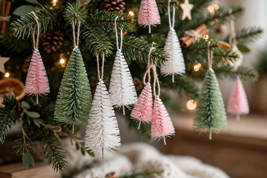 Tiny bottle brush trees in green, white, and pink hanging as ornaments on a Christmas tree.