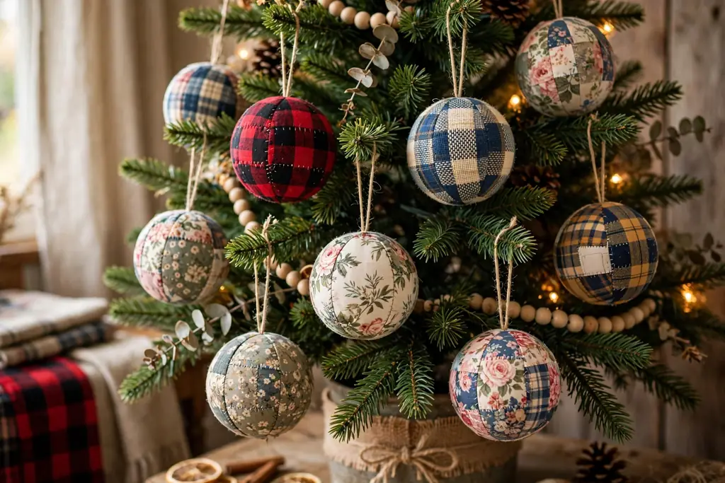 Patchwork fabric scrap balls in plaid and floral prints hanging on a Christmas tree.
