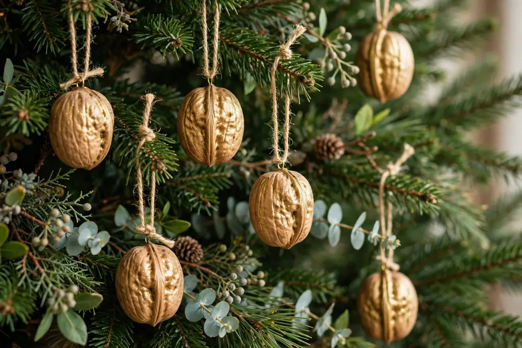 Gilded walnut ornaments with gold finish hanging among greenery on a tree.
