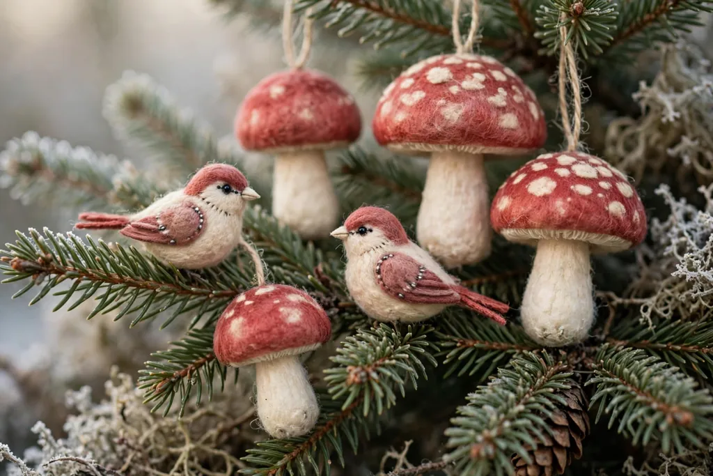 Spun cotton mushroom and bird ornaments in muted red and cream on a tree branch.