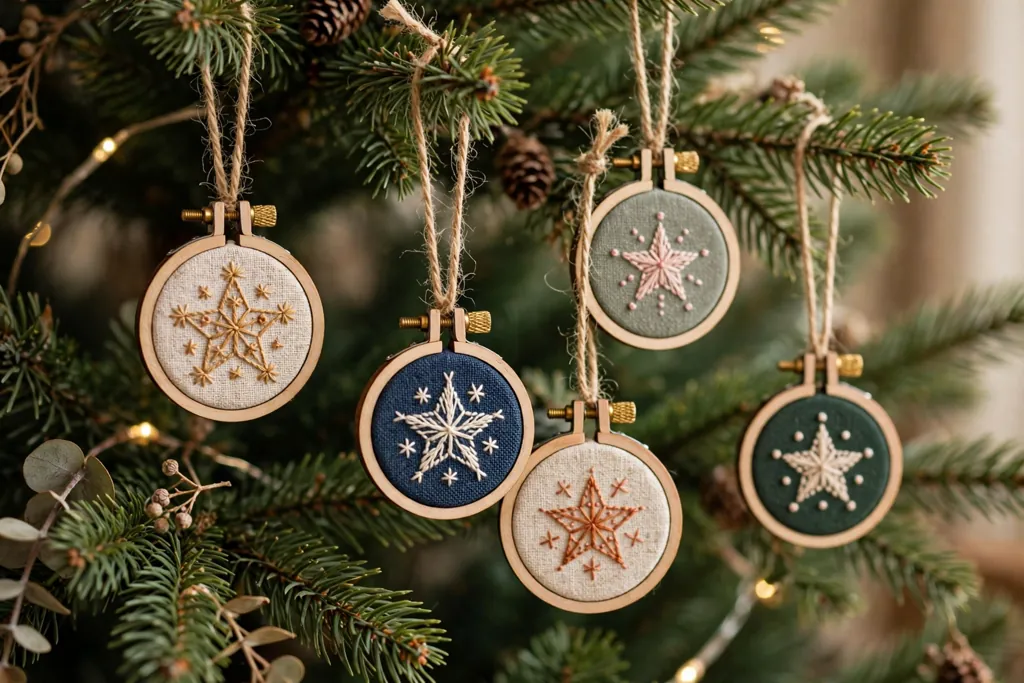 Mini embroidery hoop ornaments with stitched stars hanging on a Christmas tree.