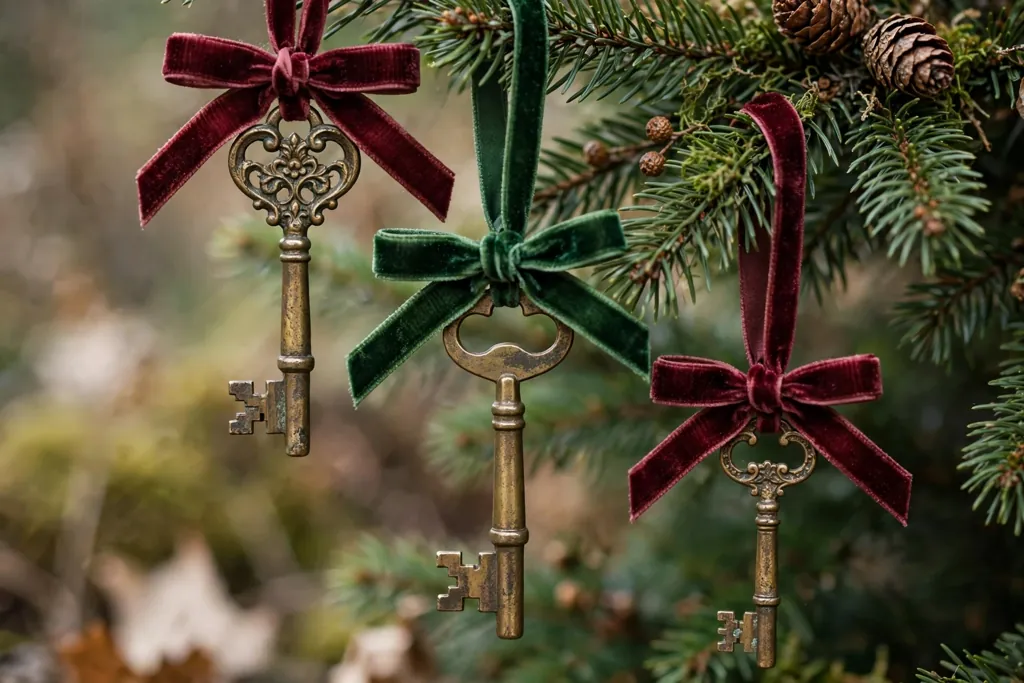 Antique key ornaments tied with velvet ribbon hanging on a Christmas tree branch.
