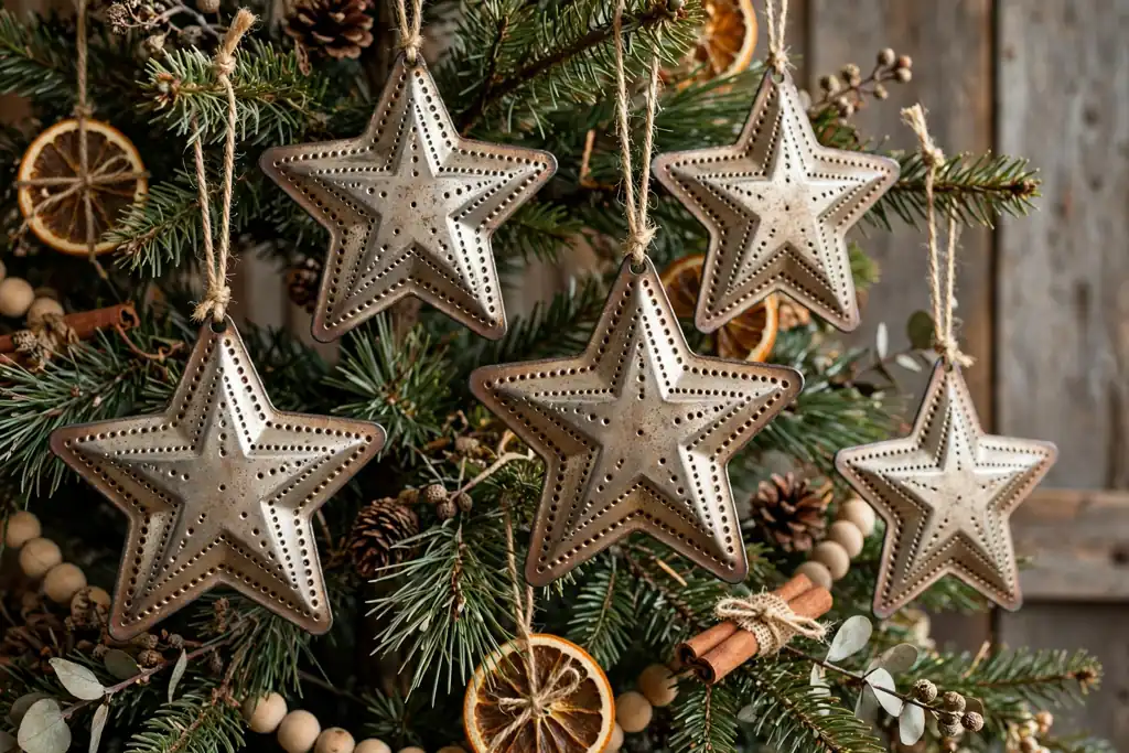 Embossed tin star ornaments with dotted patterns hanging on a rustic Christmas tree.