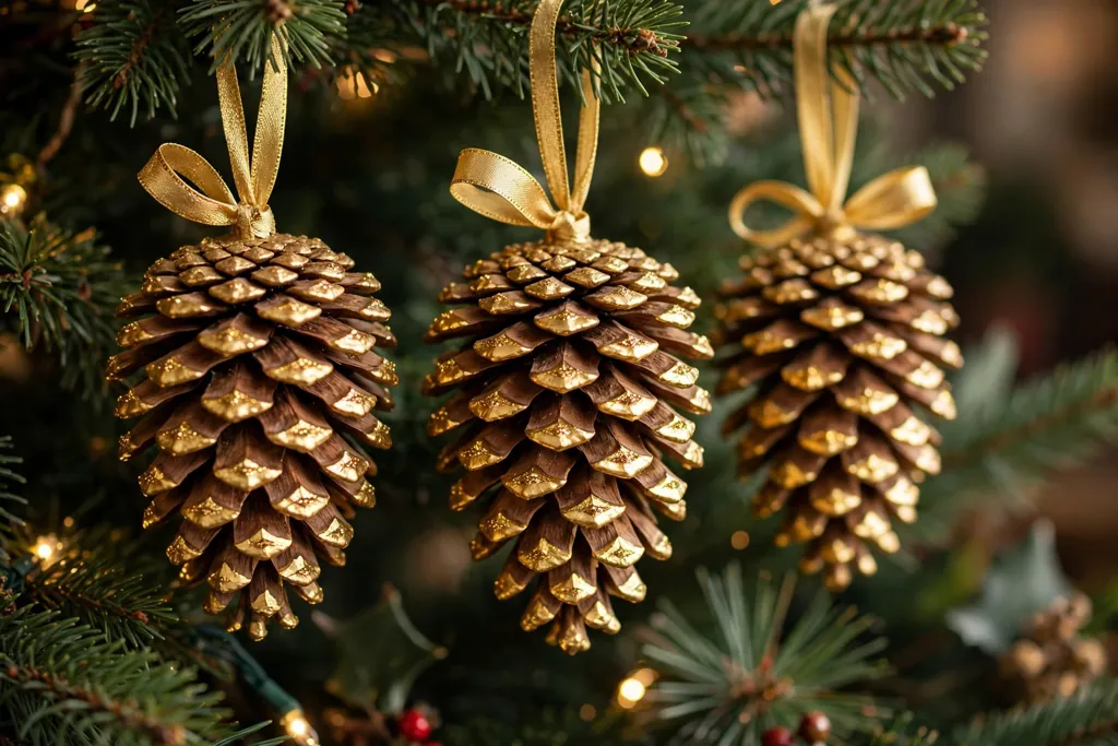 Gilded pinecone ornaments with gold tipped scales and ribbon loops on a tree.