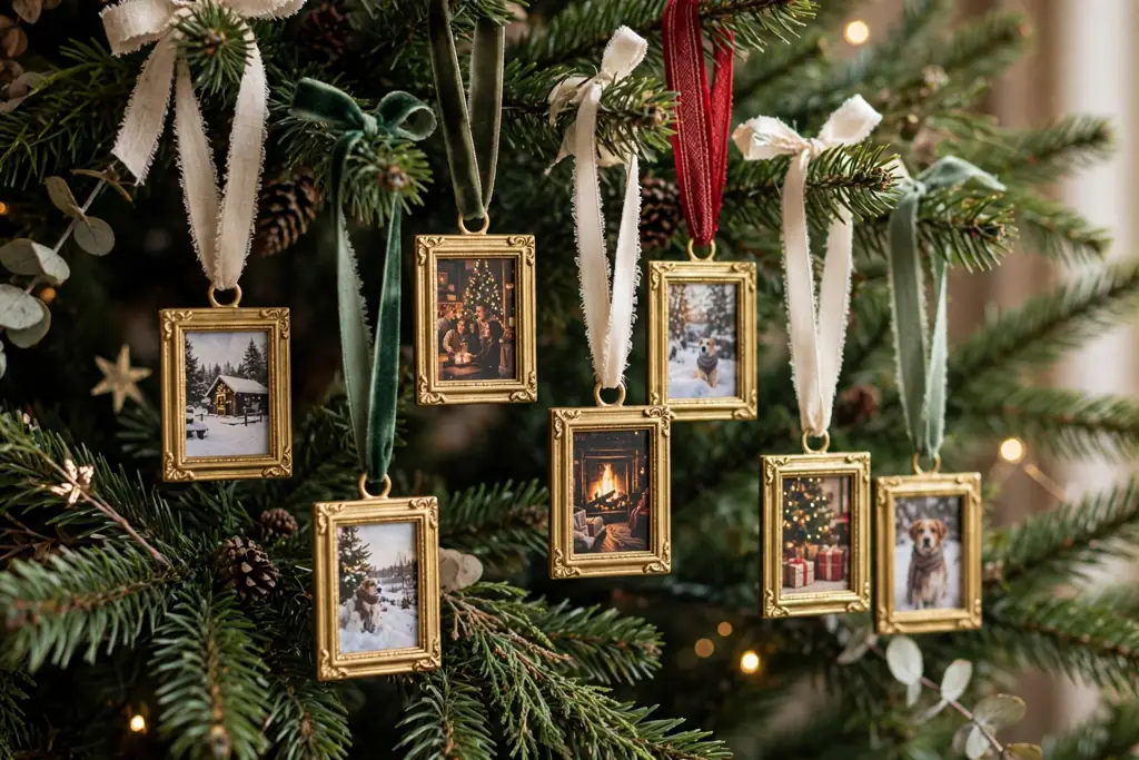 Mini brass frame photo ornaments hanging on a Christmas tree with ribbon loops.