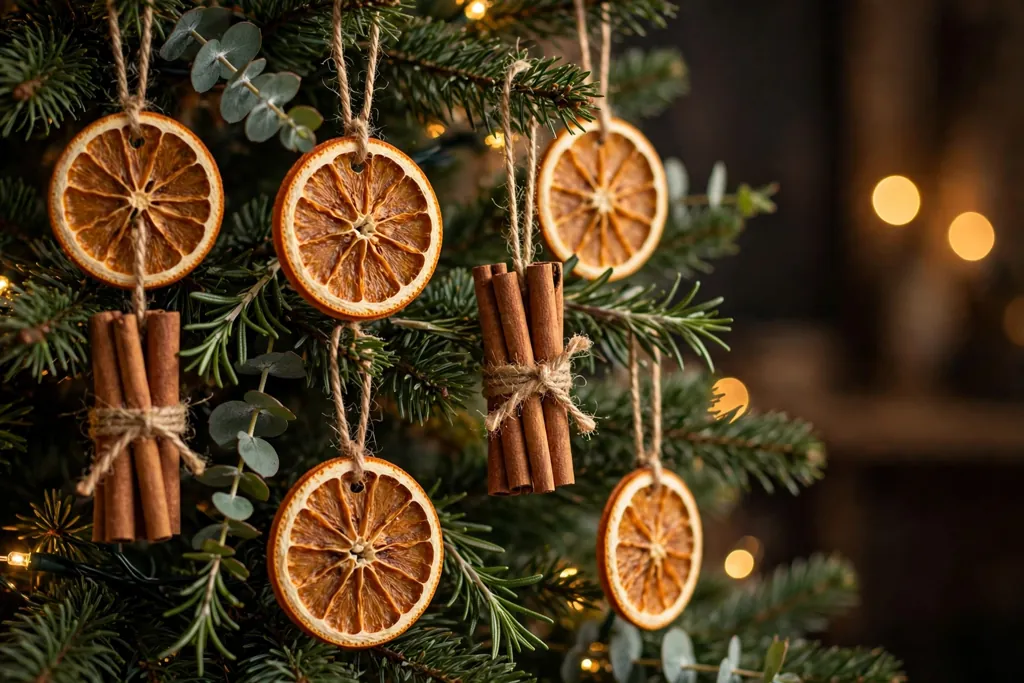 Dried orange slices with cinnamon sticks and greenery hanging as ornaments on a tree.