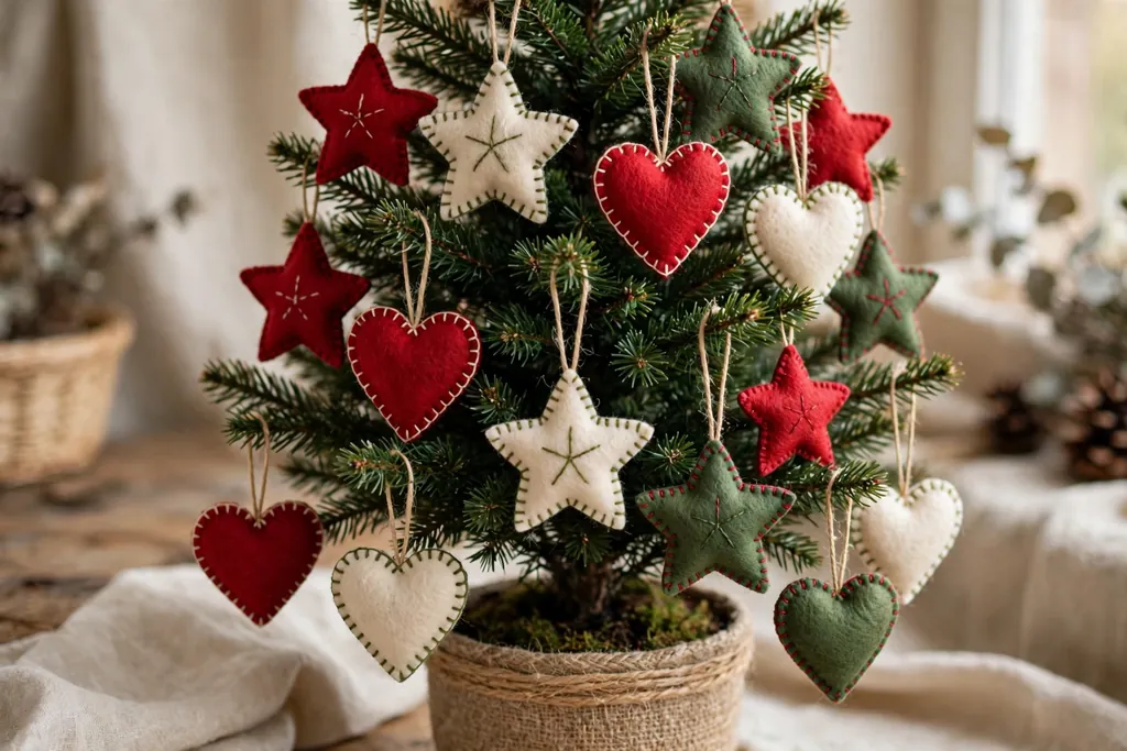Hand stitched felt stars and hearts in red, cream, and green hanging on a small tree.