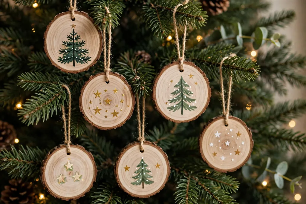 Wood slice ornaments with small painted stars and trees hanging on a Christmas tree.