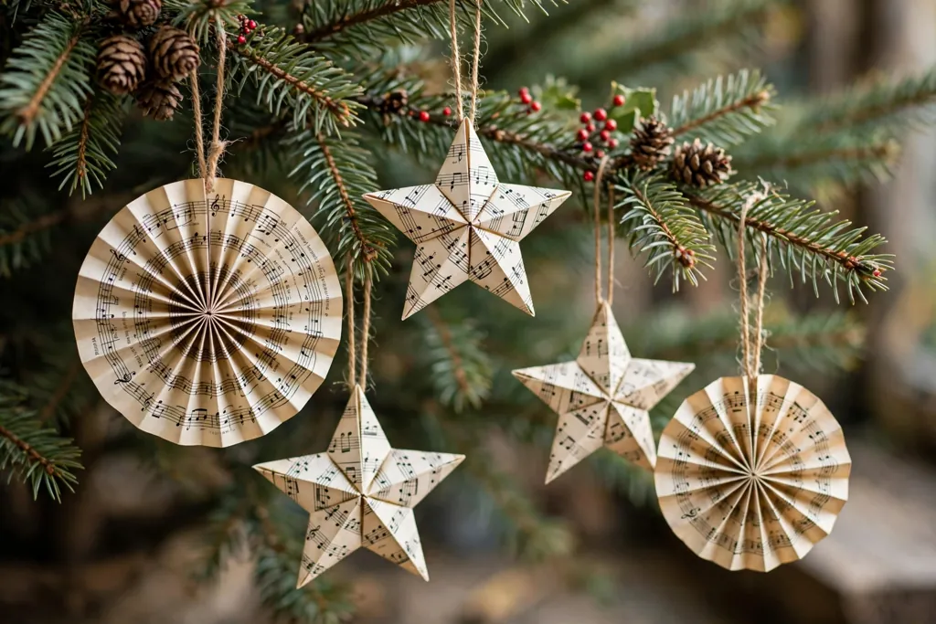 Folded paper rosette and star ornaments made from sheet music hanging on a tree branch.