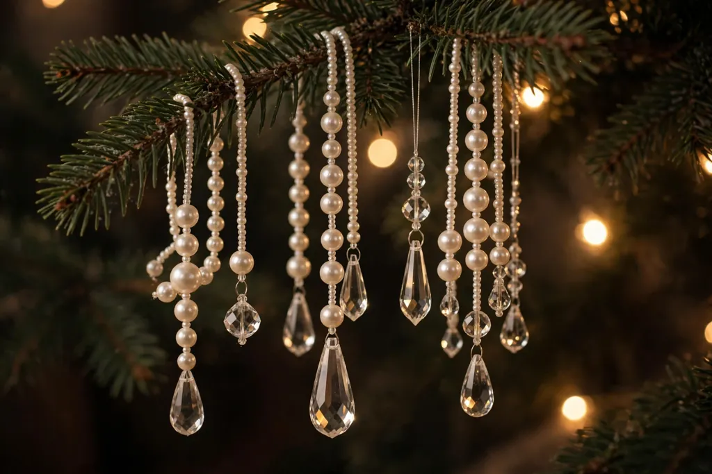 Beaded pearl and crystal drop ornaments hanging from a Christmas tree branch.