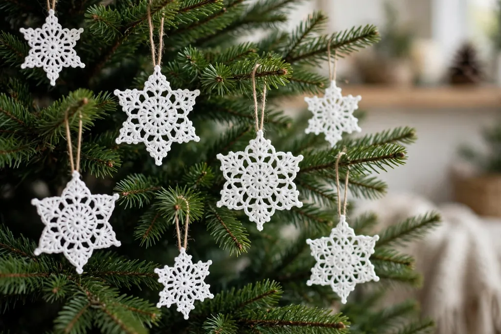 White crocheted snowflake ornaments hanging on a green Christmas tree.
