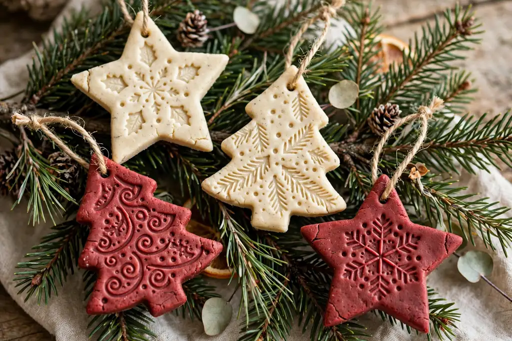 Stamped salt dough star and tree ornaments in cream and red on a tree branch.