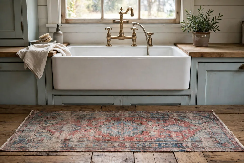 Faded antique rug runner in muted reds and blues in front of a farmhouse kitchen sink.
