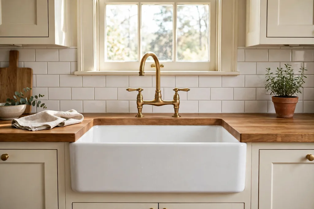 White apron front farmhouse sink with a brass bridge faucet in a cream kitchen.