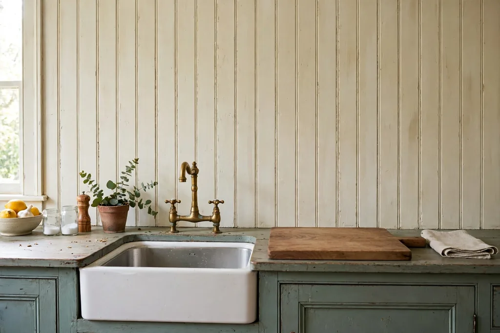 Painted cream beadboard backsplash behind a vintage kitchen counter and sink.