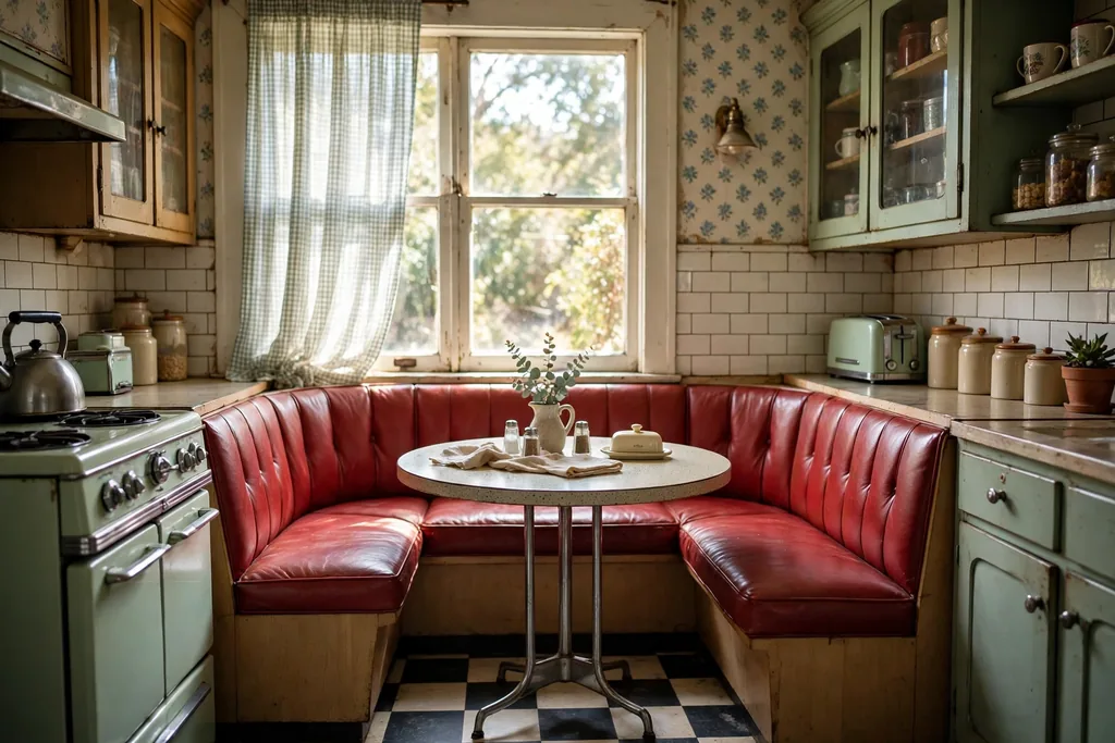 Diner style breakfast nook with bench seating and a small round table by a window.