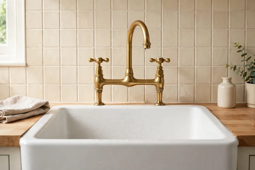 Brass bridge faucet with cross handles over a white farmhouse kitchen sink.