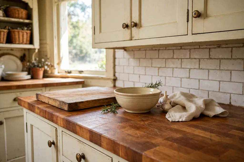 Warm butcher block countertops with a chopping board and ceramic bowl in a vintage kitchen.