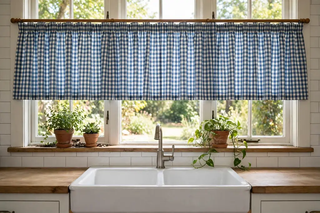 Gingham cafe curtains on a kitchen window above a farmhouse sink.