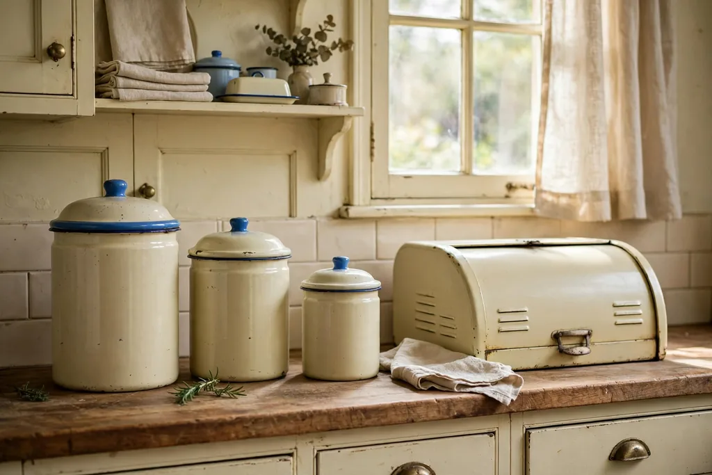 Vintage enamel canisters and a bread box on a kitchen counter.
