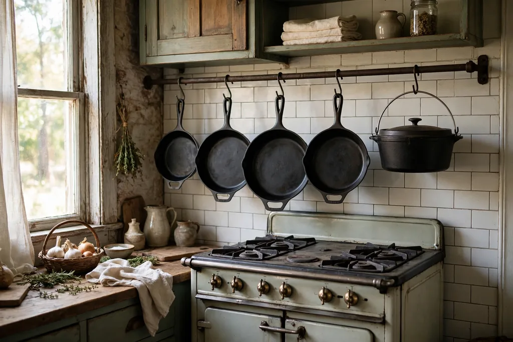 Black cast iron skillets and a Dutch oven hung on a rail near a kitchen stove.