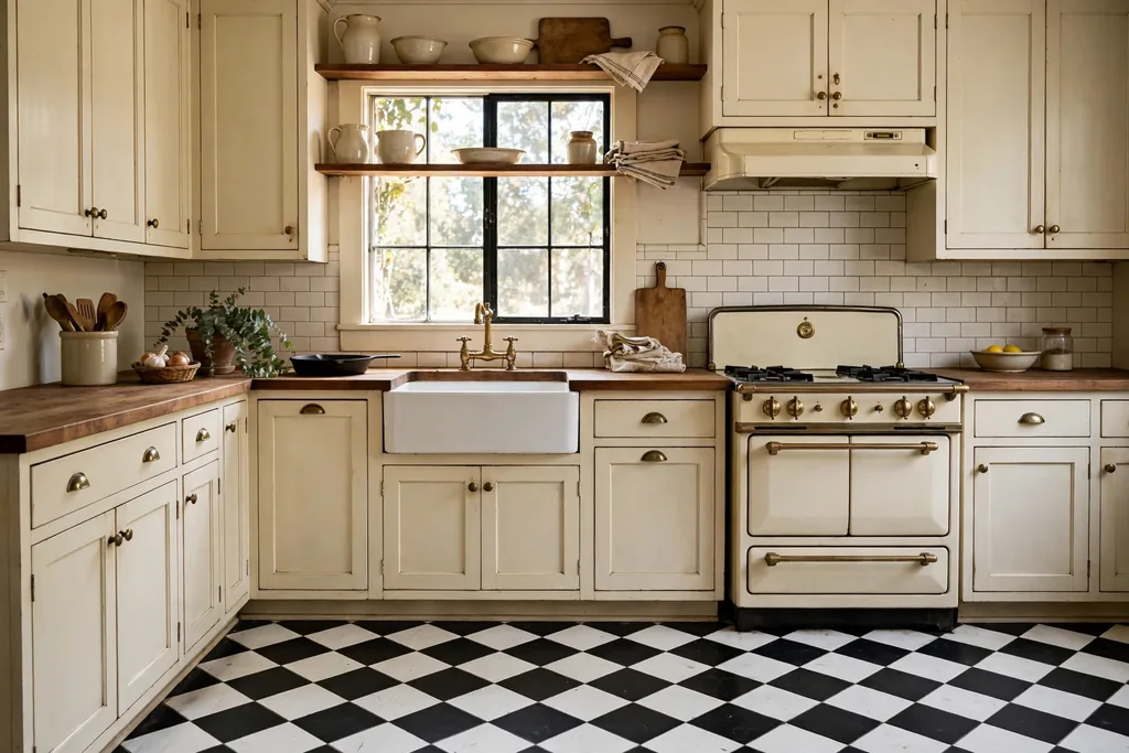 Black and white checkerboard tile floor in a vintage kitchen with cream cabinets.