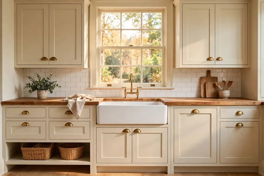Cream shaker kitchen cabinets with brass cup pulls and a wood countertop.