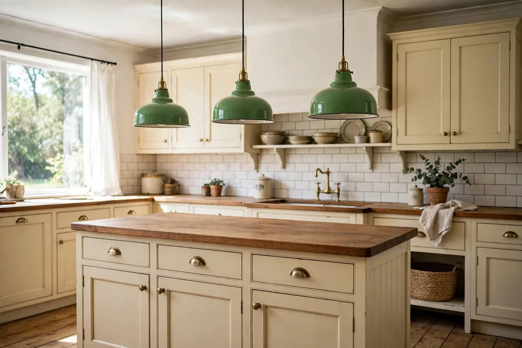 Green enamel pendant lights hanging over a vintage kitchen island with a wood countertop.