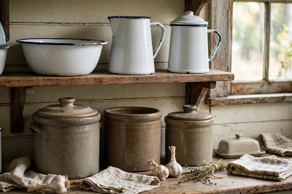 White enamelware with blue rims and stoneware crocks on a wood shelf.