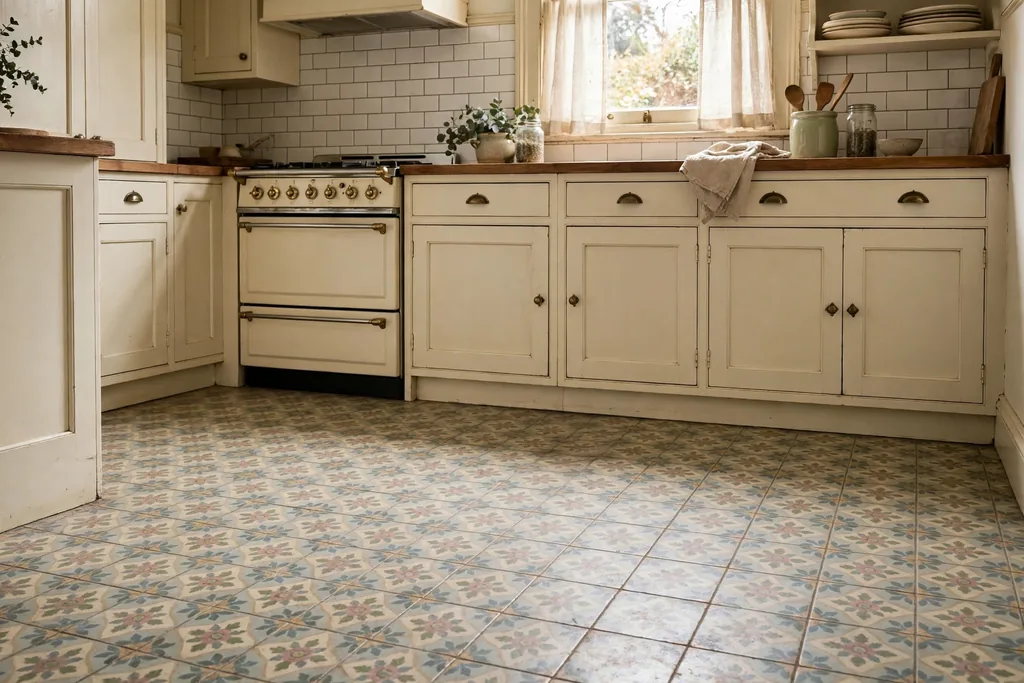 Patterned encaustic floor tiles in muted floral colors in a vintage kitchen.