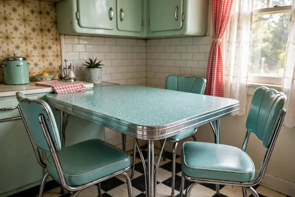 Retro Formica topped table with chrome legged chairs in a vintage kitchen corner.