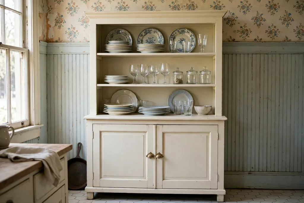 Painted cream freestanding kitchen hutch with plates and glasses on display.