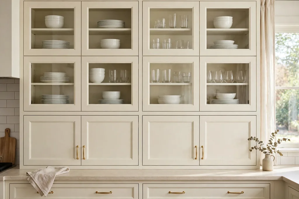 Glass front upper kitchen cabinets displaying white dishes and glasses.