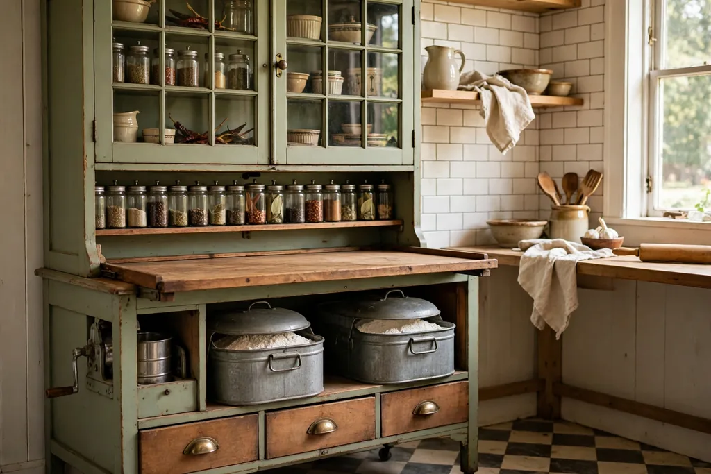 Hoosier style baking cabinet with a work surface, flour bins and drawers.