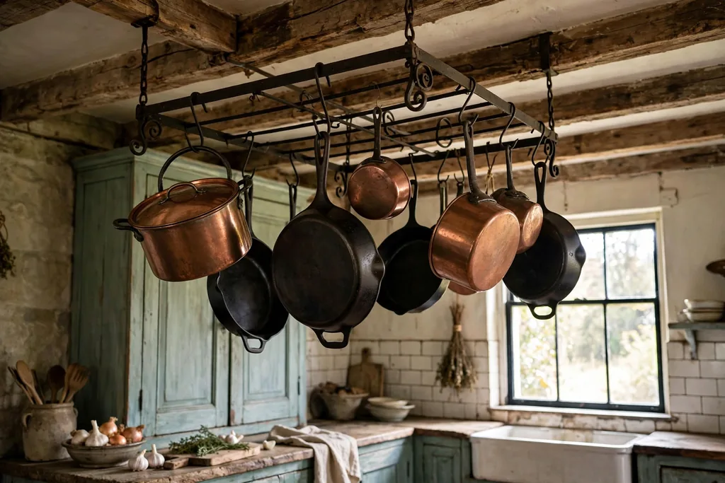 Wrought iron pot rack holding cast iron pans and copper pots in a vintage kitchen.
