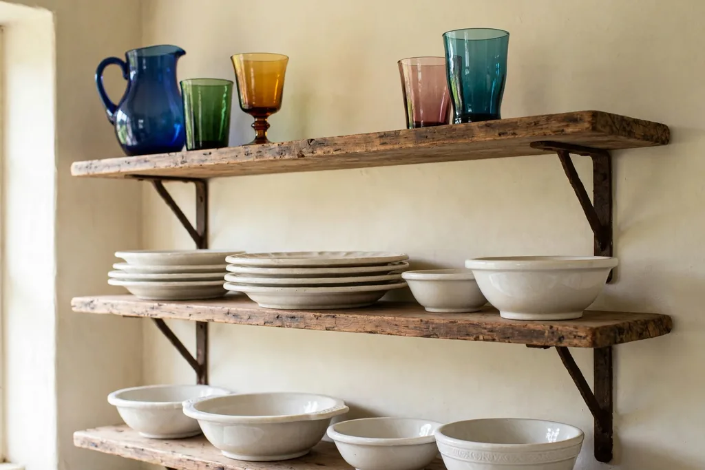 Open wood shelves holding white ironstone plates, bowls and vintage glassware.