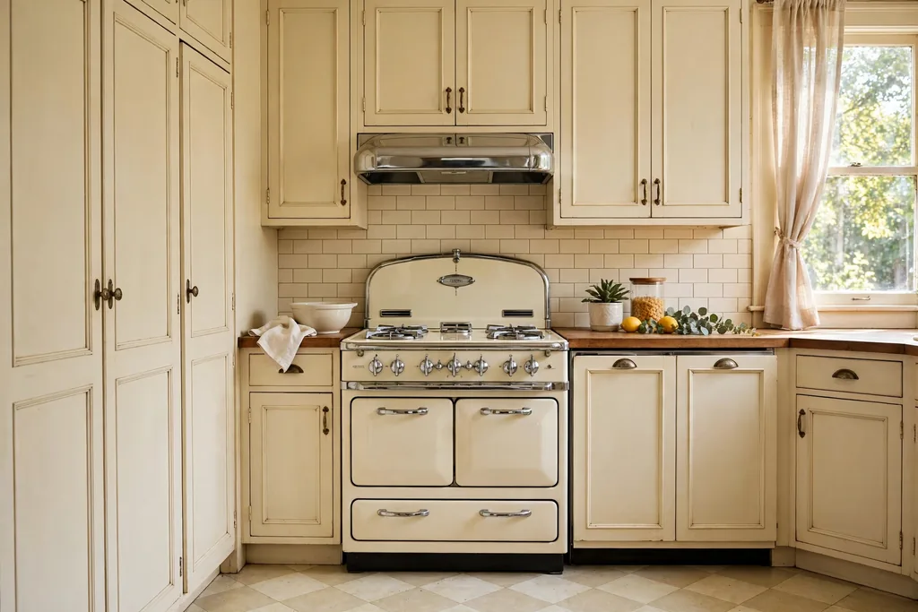 Cream kitchen with appliances hidden behind matching cabinet panels beside a retro range.