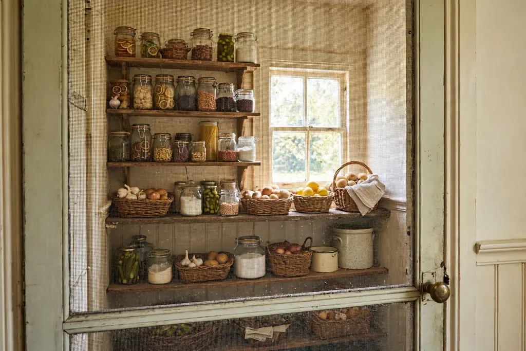 Vintage pantry with a mesh screen door showing jars and baskets on shelves inside.