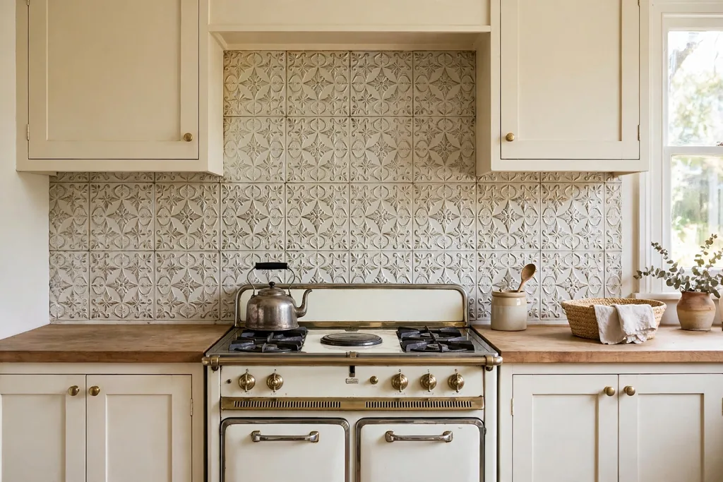 Pressed tin backsplash with a repeating pattern behind a vintage kitchen stove.
