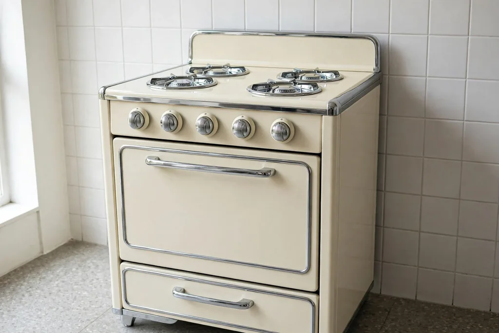 Cream retro freestanding range with chrome trim against a plain tiled kitchen wall.
